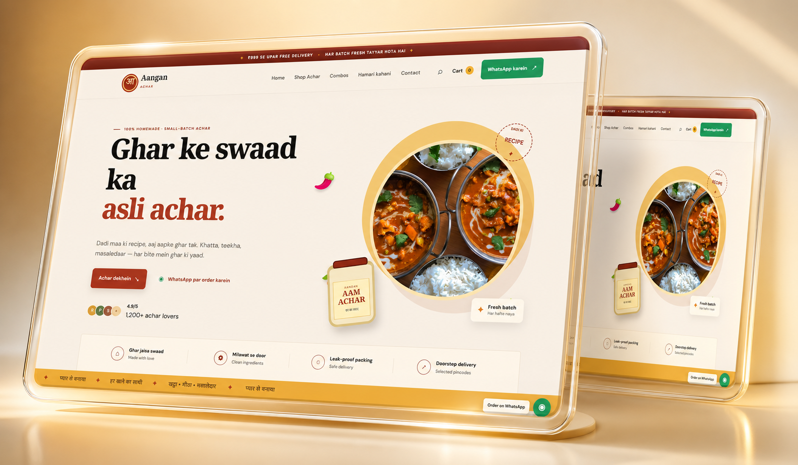 Aangan Achar – Premium Hindi E-commerce Website with Glass Yellow Admin Panel | WhatsApp Order System | No MySQL Required